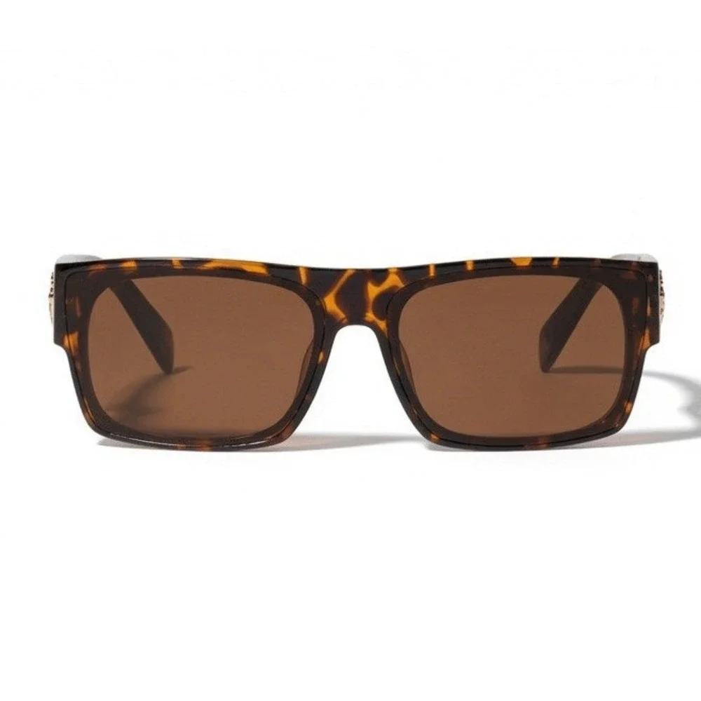 Womens Rectangular Tortoise Shell Sunglasses Gold Flat Top Brown Lens Luxury New